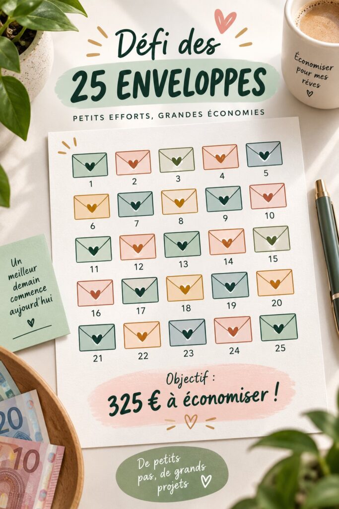 Femme souriante tenant des enveloppes colorées pour le défi d'épargne