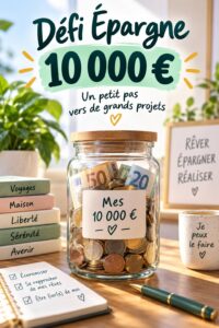 Femme souriante tenant un panneau indiquant 10 000 $ d'épargne, symbolisant le défi d'épargne.