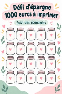 Visuel illustratif d'un défi d'épargne de 1000 dollars, avec des outils de suivi financier.