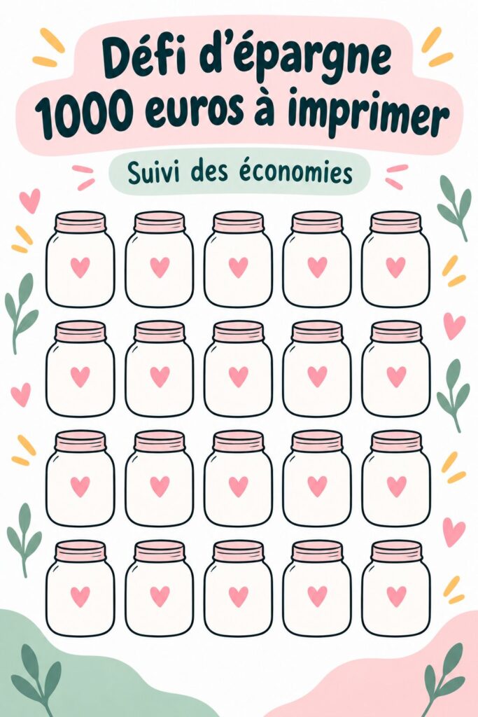 Visuel illustratif d'un défi d'épargne de 1000 dollars, avec des outils de suivi financier.