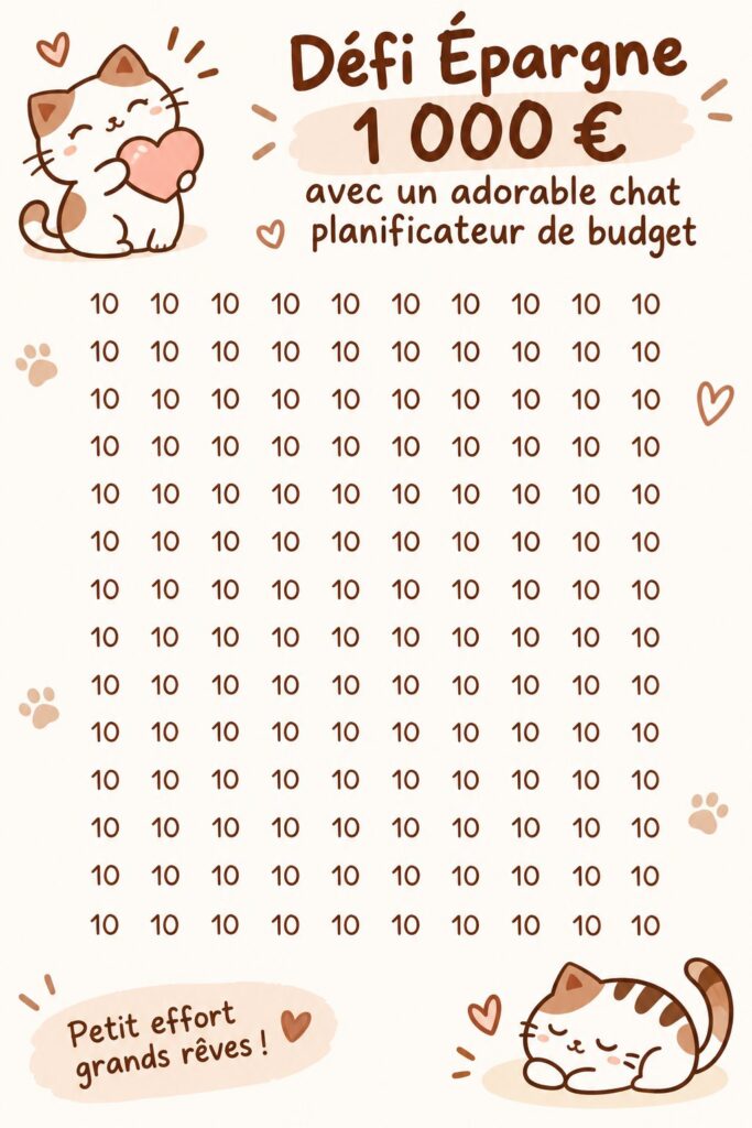 Défi d'épargne de 1000$ avec un planner mignon et des économies