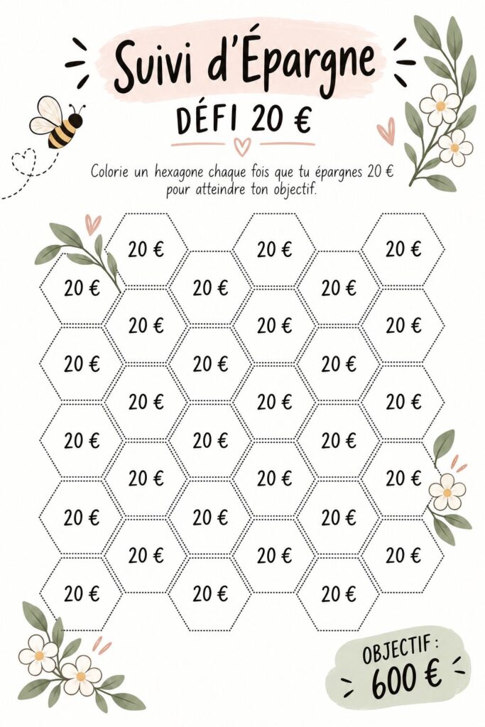 Femme souriante qui montre un tableau rempli de ses économies sur 20€ par semaine