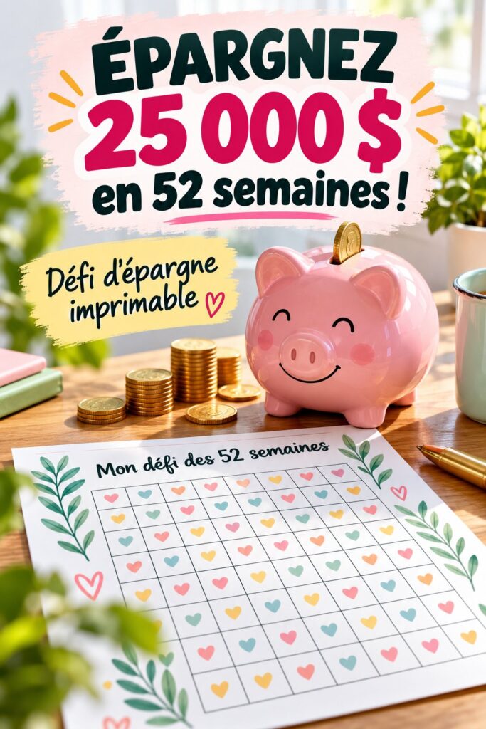 Femme souriante avec un tableau de suivi d'épargne illustrant un défi d'épargne de 52 semaines.