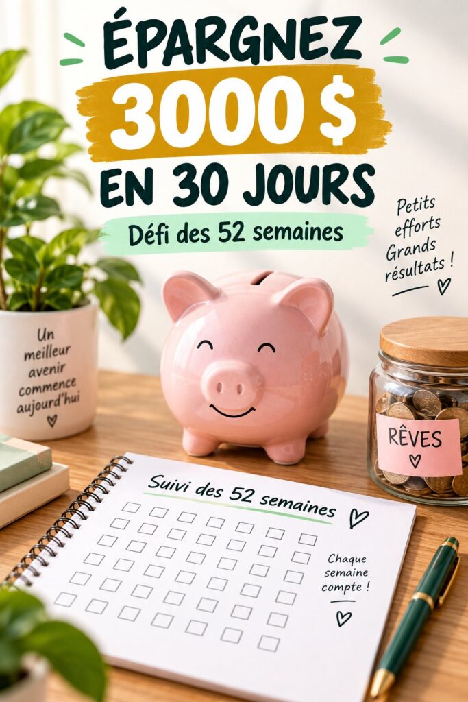Femme souriante regardant un tableau d'épargne pour un défi financier efficace.