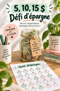 Illustration d'un défi d'épargne avec des billets de 5, 10 et 15 dollars