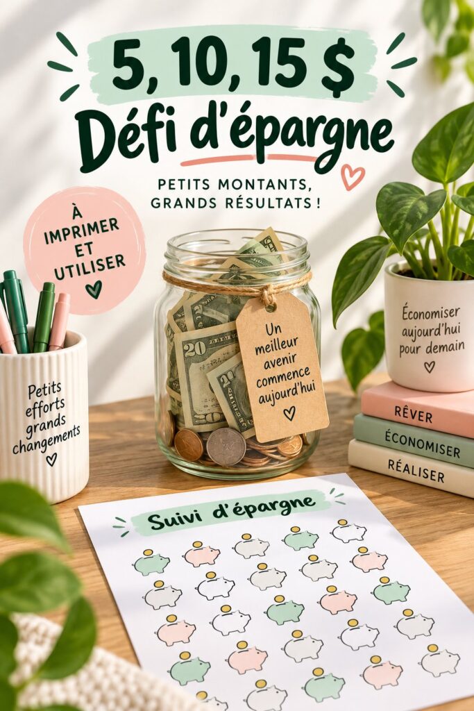 Illustration d'un défi d'épargne avec des billets de 5, 10 et 15 dollars