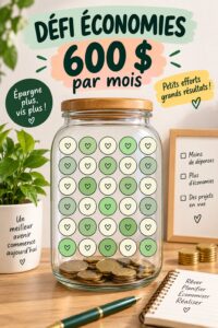 Une femme souriante regardant un tableau de budget avec un défi d'épargne pour 600 $ par mois.