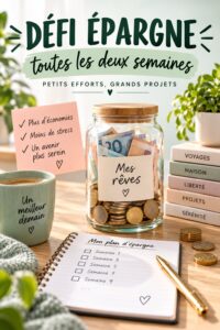 Femme souriante avec un carnet de finances, prête à relever un défi d'épargne.
