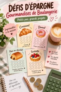 Un visuel engageant d'un défi d'épargne avec des pâtisseries colorées en arrière-plan, illustrant le thème gourmand