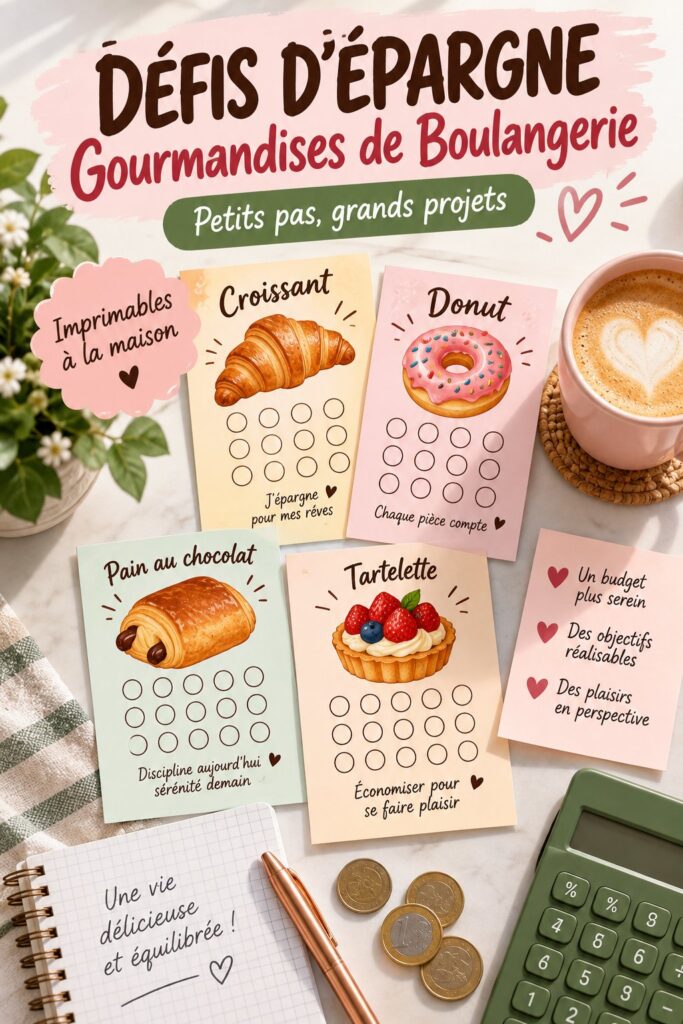 Un visuel engageant d'un défi d'épargne avec des pâtisseries colorées en arrière-plan, illustrant le thème gourmand