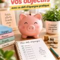 Femme souriante regardant un budget et un carnet d'épargne, symbole d'objectifs financiers atteints.