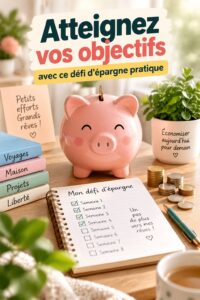 Femme souriante regardant un budget et un carnet d'épargne, symbole d'objectifs financiers atteints.