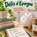 Image de plusieurs défis d'épargne sur une table, avec des notes et des économies.