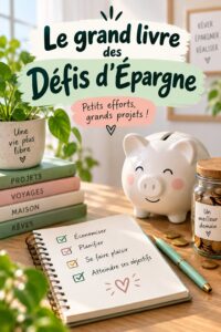 Image de plusieurs défis d'épargne sur une table, avec des notes et des économies.