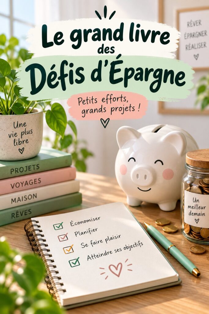 Image de plusieurs défis d'épargne sur une table, avec des notes et des économies.