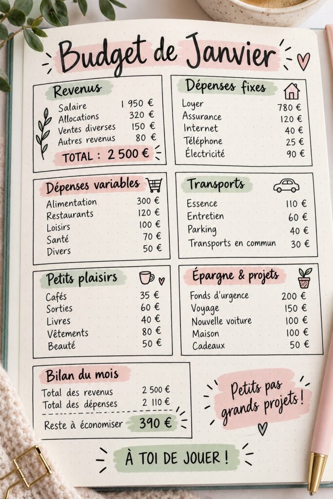 Une table avec un bullet journal ouvert, stylos de couleur et notes créatives.
