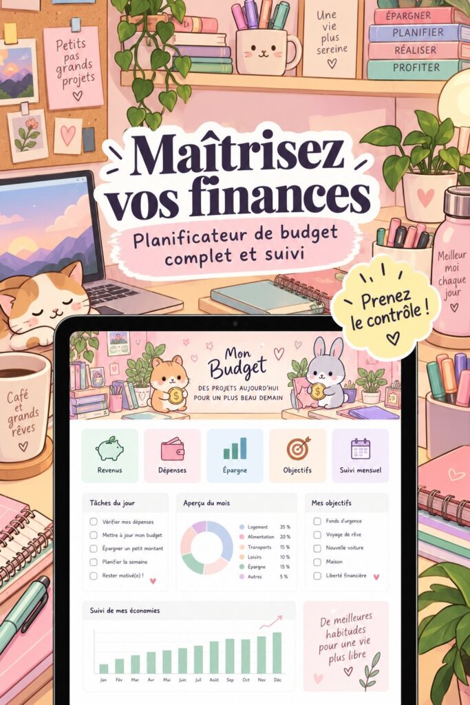 Femme souriante en train d'examiner un planificateur de budget à son bureau, représentant la maîtrise des finances personnelles.