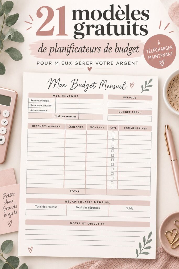 Modèle de planificateur de budget à imprimer sur une table avec des crayons.