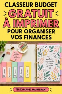Classeur de budget imprimable sur une table avec stylos et calculatrice, représentant l'organisation des finances.