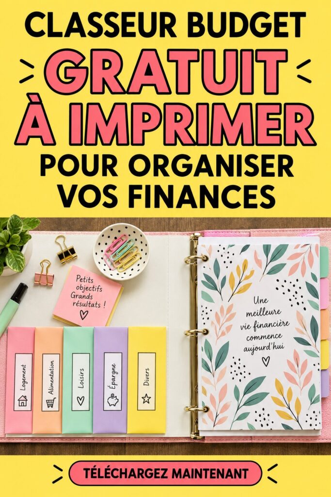 Classeur de budget imprimable sur une table avec stylos et calculatrice, représentant l'organisation des finances.
