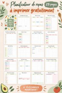 Planificateur de repas à imprimer présentant des menus variés et un budget prévu.
