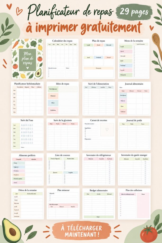 Planificateur de repas à imprimer présentant des menus variés et un budget prévu.