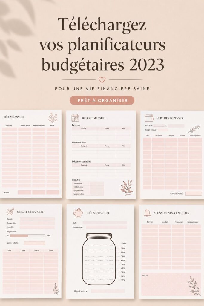 Image d'un planificateur de budget gratuit pour 2023 avec des notes et stylos.