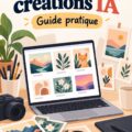 Femme créant des œuvres d'art numérique sur un ordinateur, entourée d'œuvres d'art générées par IA.