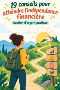 Femme souriante examinant ses finances personnelles avec un carnet et un ordinateur.