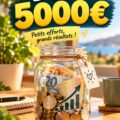 Une femme réfléchissant à ses finances, déterminée à épargner 5000€ pour un projet personnel.