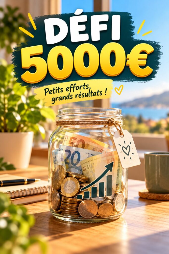 Une femme réfléchissant à ses finances, déterminée à épargner 5000€ pour un projet personnel.