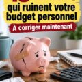 Femme réfléchissant à ses erreurs de budget personnel, avec des énoncés sur la finance.