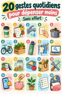 Illustration de gestes quotidiens pour économiser de l'argent.