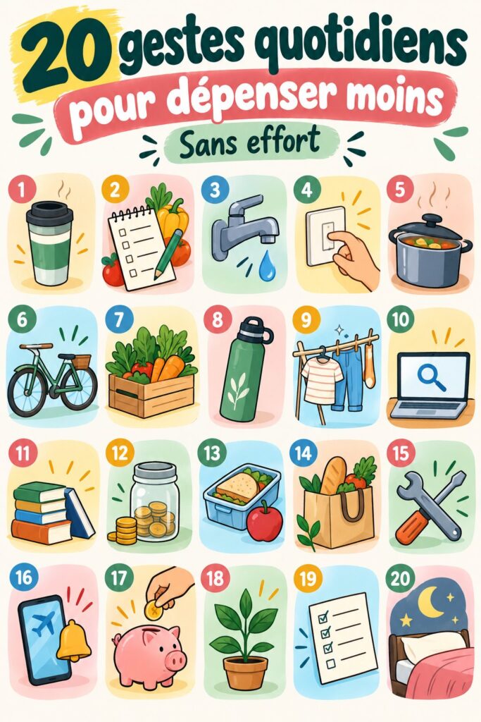 Illustration de gestes quotidiens pour économiser de l'argent.