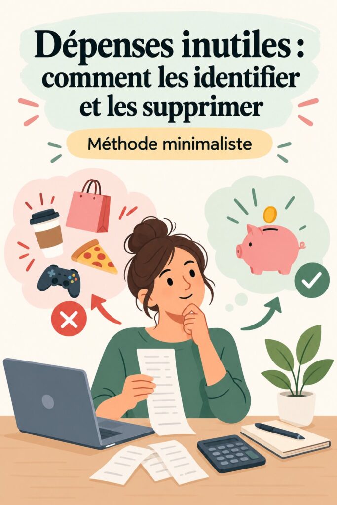 Femme souriante examinant son budget et identifiant ses dépenses inutiles.