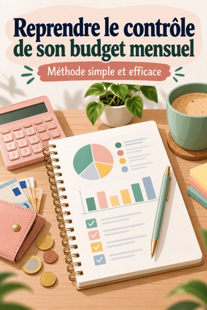 Femme souriante regardant un tableau de budget mensuel organisé.